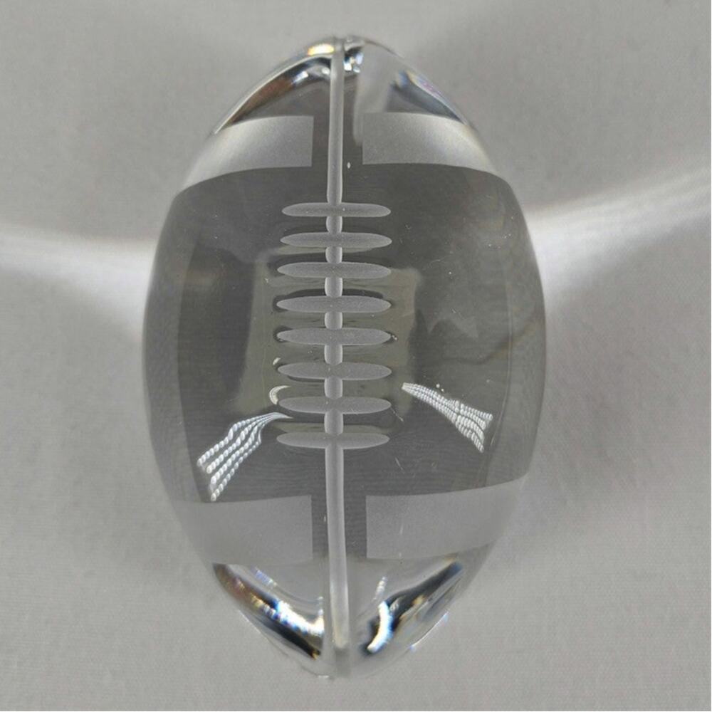 SASAKI KRYSTAL FOOTBALL PAPERWEIGHT – 4" – ETCHED CLEAR GLASS – DESK DECOR